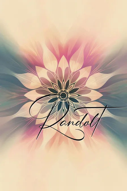 Abstract lotus design with soft pink, blue hues and handwritten 'Randolt' text overlaid.