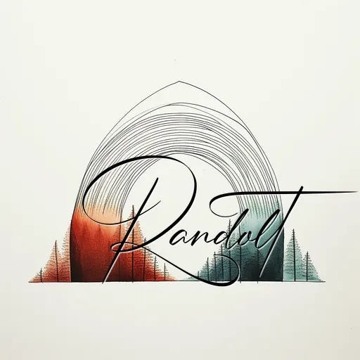 Minimalist mountain line art with stylized text "Randolt" overlay, featuring trees and a gradient color scheme.