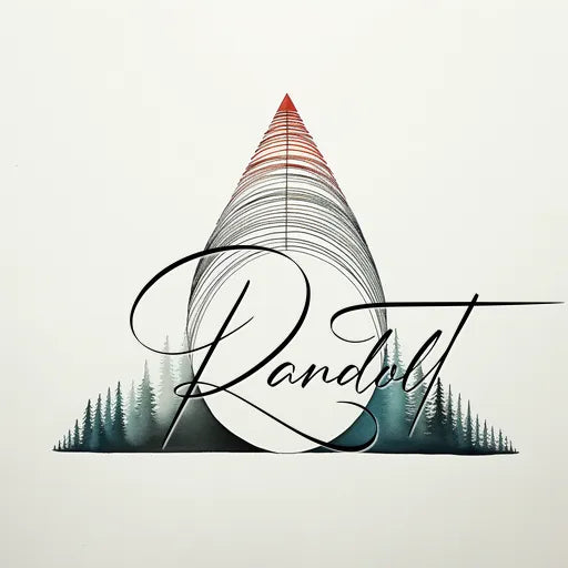 Abstract design with triangle, forest silhouette, and cursive "Randolt" text in foreground.