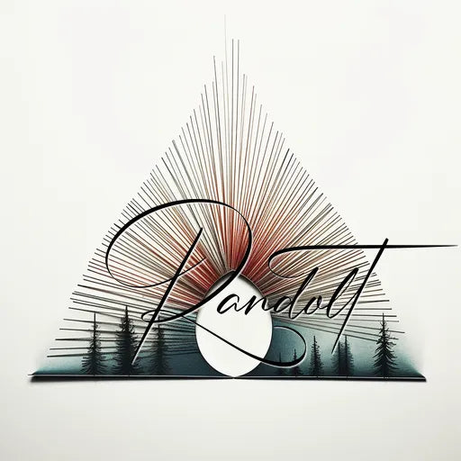 Abstract art with triangular rays, a circle, trees, and the word 'Randolt' in script font.