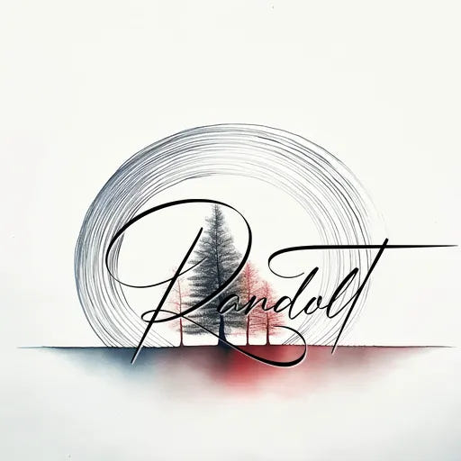 Abstract art with swirling lines and a small tree silhouette, featuring the word 'Randolt' in cursive lettering.