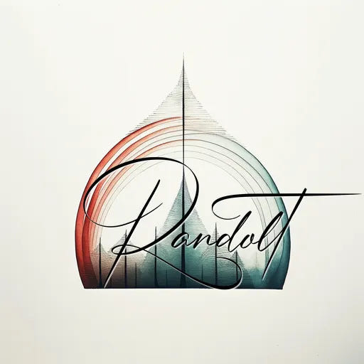 Elegant calligraphy of 'Randolt' with artistic lines in red and teal on a white background.