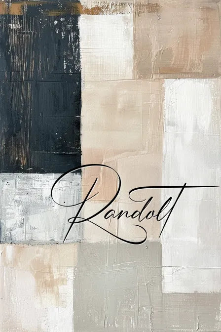 Abstract painting with beige, black, and gray blocks; stylized cursive word "Randolt" overlaid in center.