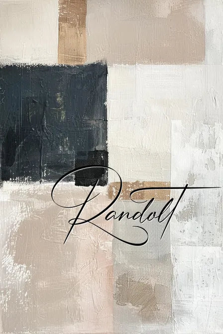 Abstract painting with beige, black, and white blocks, featuring the word 'Randolt' in elegant script.