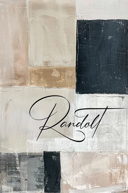 Abstract artwork with beige, black, and gray rectangles, featuring elegant cursive text 'Randolt' in the center.