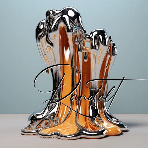 Glossy metallic sculpture resembling a melting form with smooth, reflective surfaces on a pastel background.