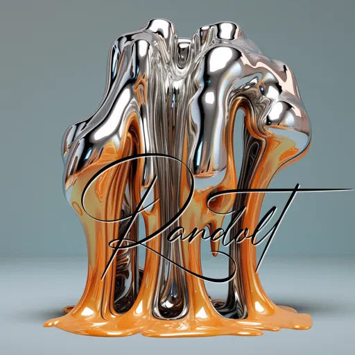 Abstract sculpture with silver and gold metallic swirls, set against a neutral background. The word 'Randot' is overlaid.