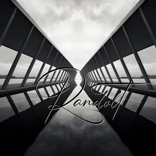 Symmetrical bridge over water with 'Randall' written in cursive, reflecting a calm and overcast sky.