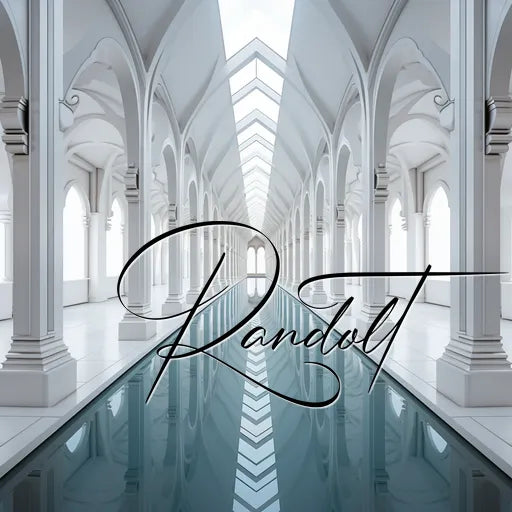 Elegant white arches with reflective pool and spacious interior, featuring cursive text 'Randolt'. Architectural design.