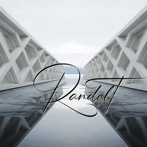 Modern white bridge with geometric patterns reflecting in water, overlaid with calligraphic text 'Randolt'.