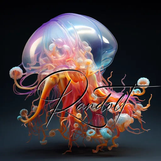 Intricate digital art of a vibrant jellyfish with flowing tentacles on a dark background, featuring elegant script text.