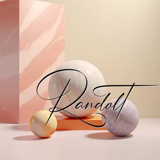 3D abstract art with marble balls, pink striped cube, and cursive 'Randolt' text overlay.