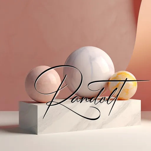 Marble spheres on pedestal with abstract background and stylized 'Randolt' text overlay.