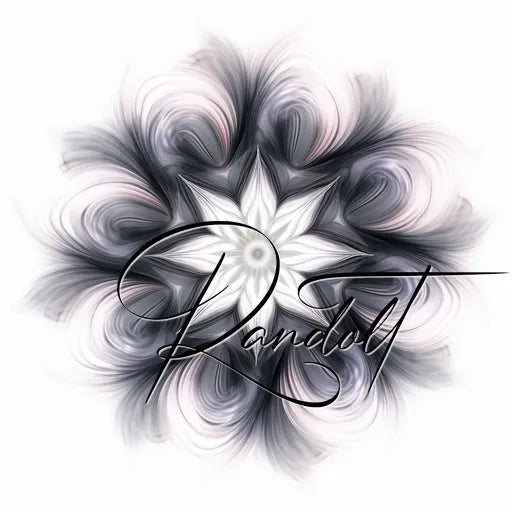 Abstract floral design with swirling black, gray, and white patterns and the word 'Randolt' in elegant script.