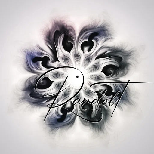 Abstract floral design with swirls in monochrome and script text overlay reading 'Randolt' on a light background.