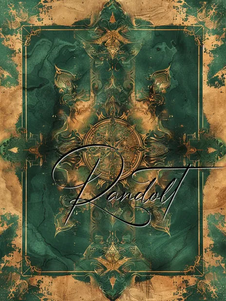 Artistic abstract with green and gold textures, featuring ornate patterns and elegant script lettering across the center.