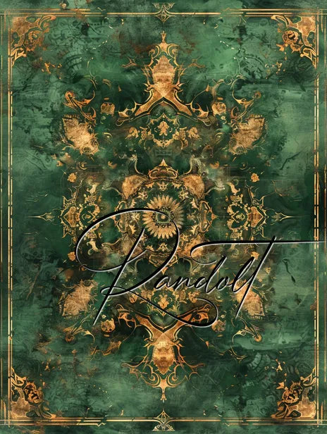 Intricate green and gold ornate design with floral motif and cursive script on a textured background.