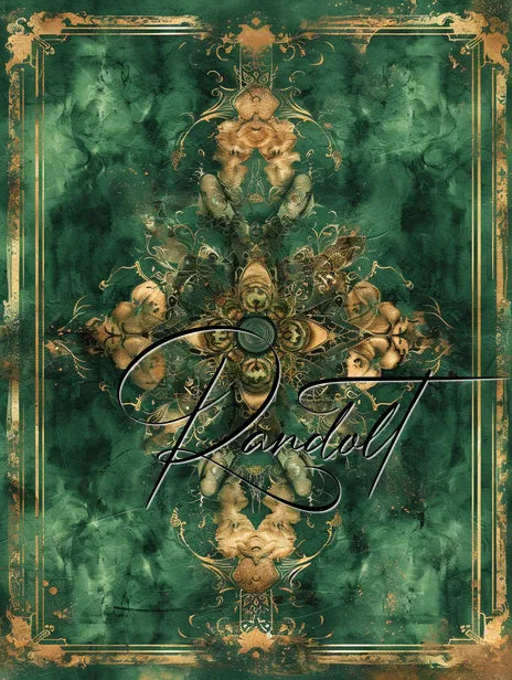 Ornate green and gold symmetrical pattern with elegant script text overlay.