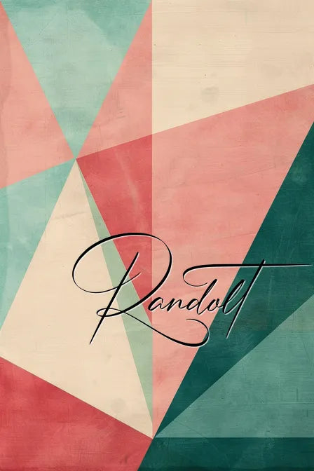 Geometric abstract art with pink, teal, and beige triangles, featuring the word 'Randolt' in cursive.