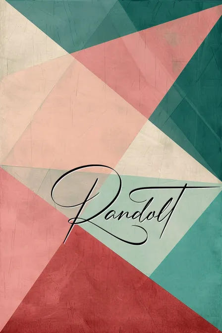 Geometric abstract art with overlapping triangles in teal, pink, and beige hues, featuring the word 'Randolt' in cursive.