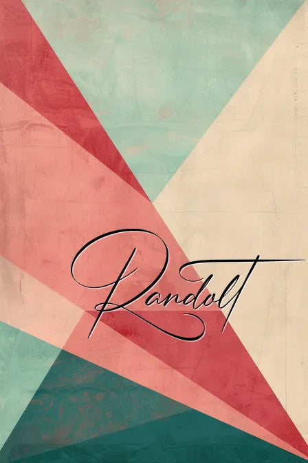 Abstract geometric design with pastel triangles in red, green, and beige, featuring stylized script text "Randelt".