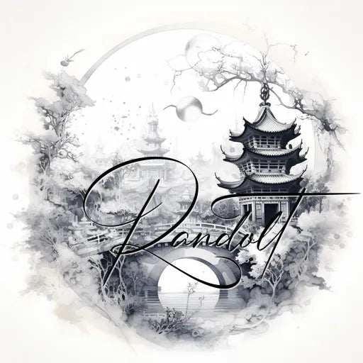 Fantasy illustration of a pagoda and bridge in an ethereal landscape with the word 'Randall' superimposed.