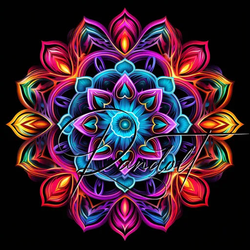 Colorful mandala with intricate, glowing patterns on a black background.