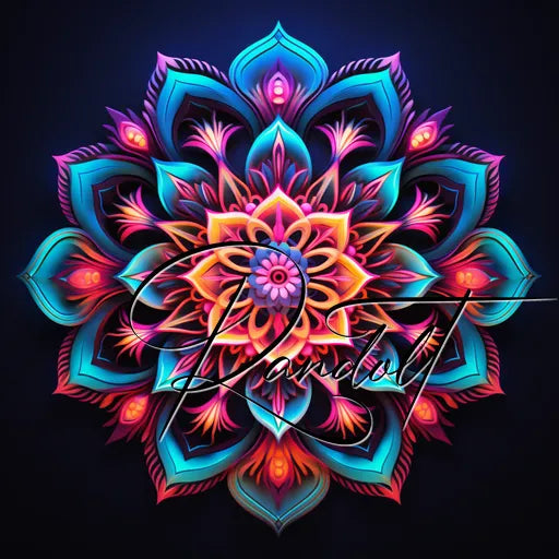 Colorful mandala with neon-like floral patterns and intertwined cursive text.