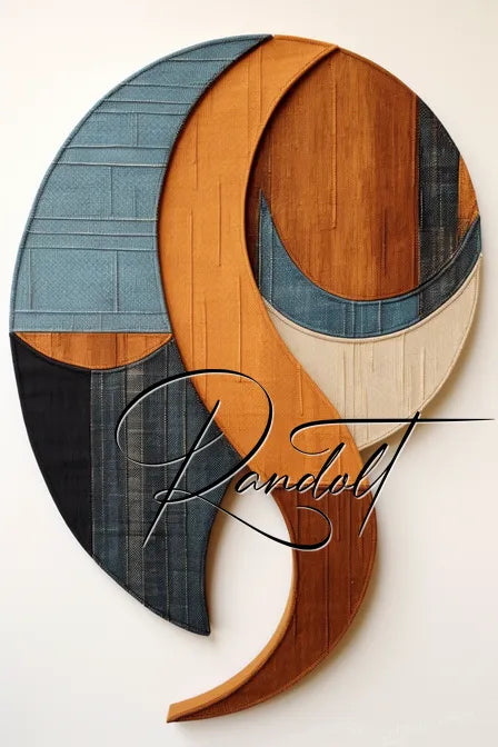 Abstract art with wood and fabric textures in circular design, featuring blue, orange, and black tones with signature.