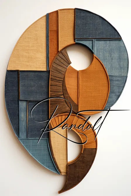 Abstract geometric wall art in blue, brown, and beige tones with overlapping curved shapes and textured surfaces.