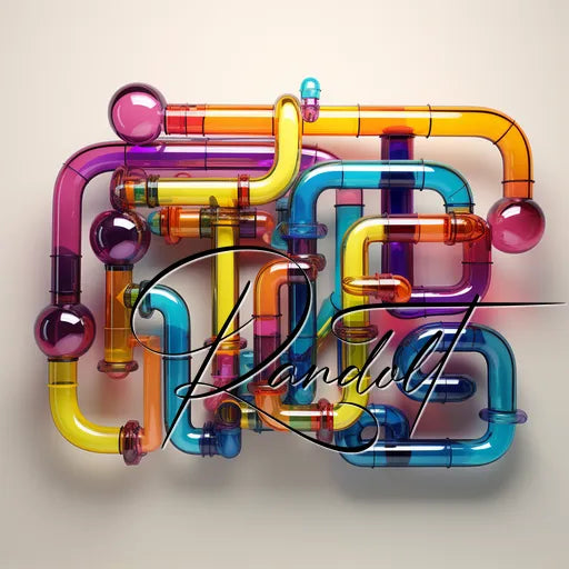 Colorful abstract pipe sculpture with vibrant loops and curves against a neutral background.