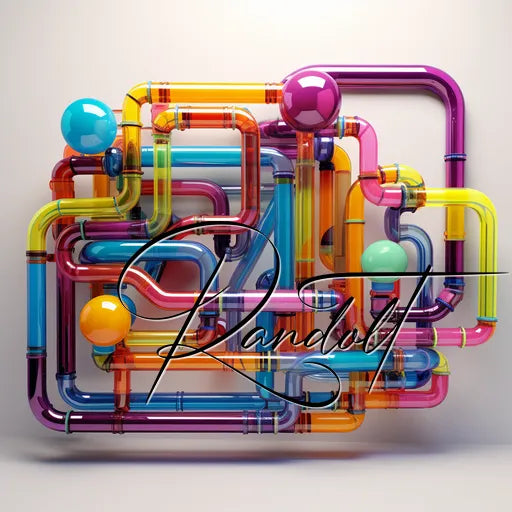 Colorful abstract art with intertwined tubes and spheres, featuring a bold script text overlay.