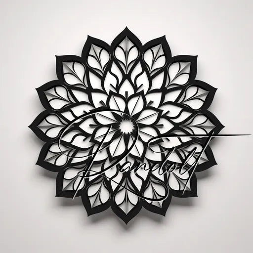 Intricate black and white mandala design with layered, symmetrical patterns and a signature overlay.