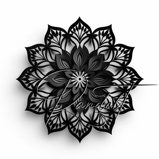 Intricate black mandala design with floral patterns on a white background.