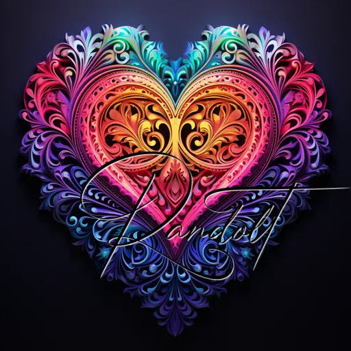 Intricate heart design with colorful floral patterns and calligraphic text overlaying the center on a dark background.