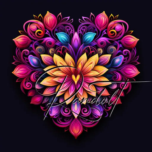 Vibrant, symmetrical heart-shaped floral design with colorful petals and swirling details on a dark background.