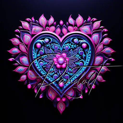 Intricate heart-shaped floral design in vibrant pink, purple, and blue tones on a dark background.