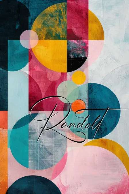 Abstract painting with overlapping colorful circles and geometric shapes, featuring the word 'Randolt' in script.