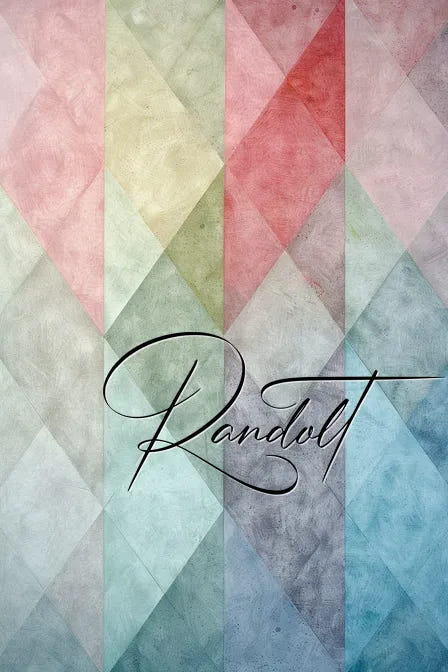 Geometric abstract art with multicolored diamond patterns and the word 'Randolt' in elegant script.