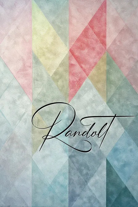 Geometric pastel pattern with diagonal shapes and soft colors, featuring the cursive word 'Randolt' in the center.