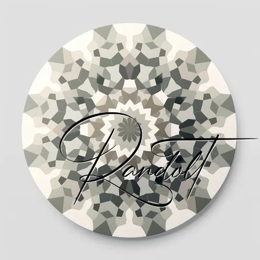 Grey and white geometric pattern with cursive text overlay on a circular design.