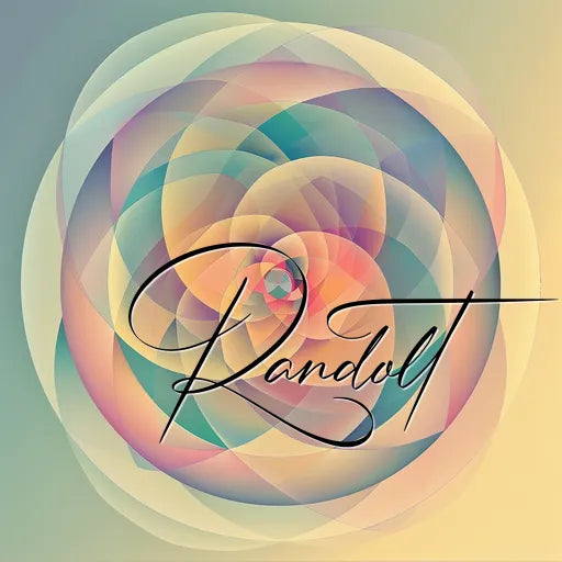 Abstract geometric pattern with overlapping shapes and soft pastel colors, featuring the word 'Randolt' in elegant script.