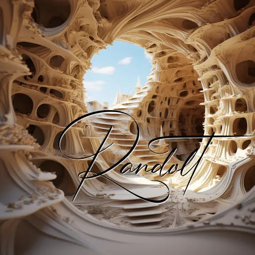 Intricate cave-like structure with swirling textures and a blue sky visible through the opening. 'Randolt' written over it.