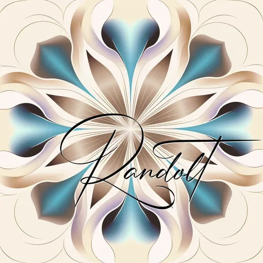 Abstract floral design in blue and brown hues with cursive text overlay on a beige background.