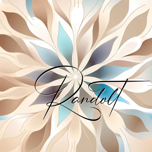 Elegant abstract floral pattern with soft beige and blue tones and the script word 'Randolt' overlay.