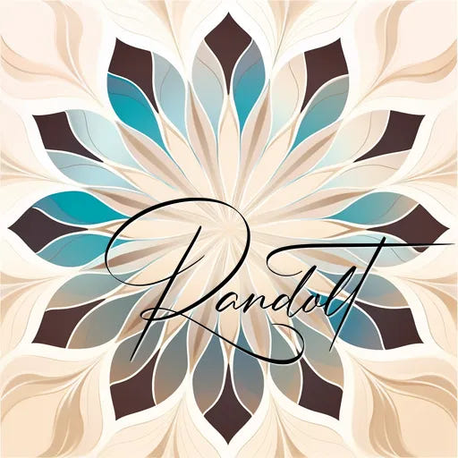 Intricate floral mandala with blue, beige, and brown tones. Center has elegant cursive script reading "Randolt."