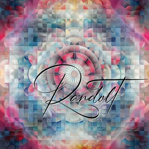 Colorful mosaic abstract with floral pattern and styled script text overlay.