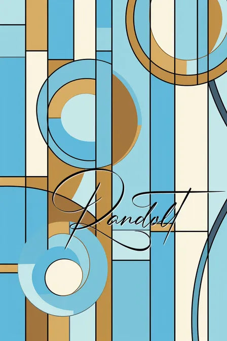 Abstract geometric artwork with blue, brown, and white patterns and circles, featuring cursive text in the center.