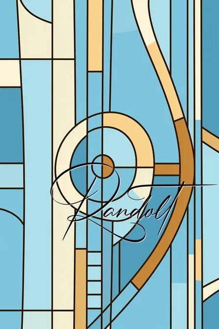 Abstract geometric design with blue, beige, and brown hues, featuring bold lines and circular elements. Signature "Langoli".