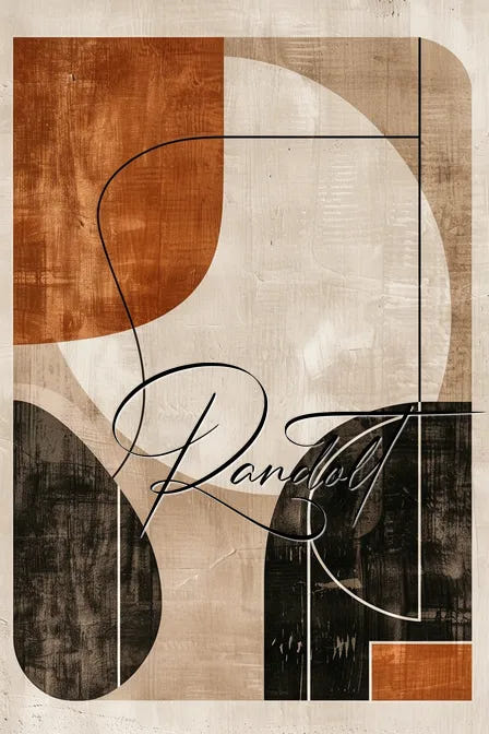 Geometric abstract art with brown, black, and cream rectangles and curves, featuring the word 'Randol' in cursive.